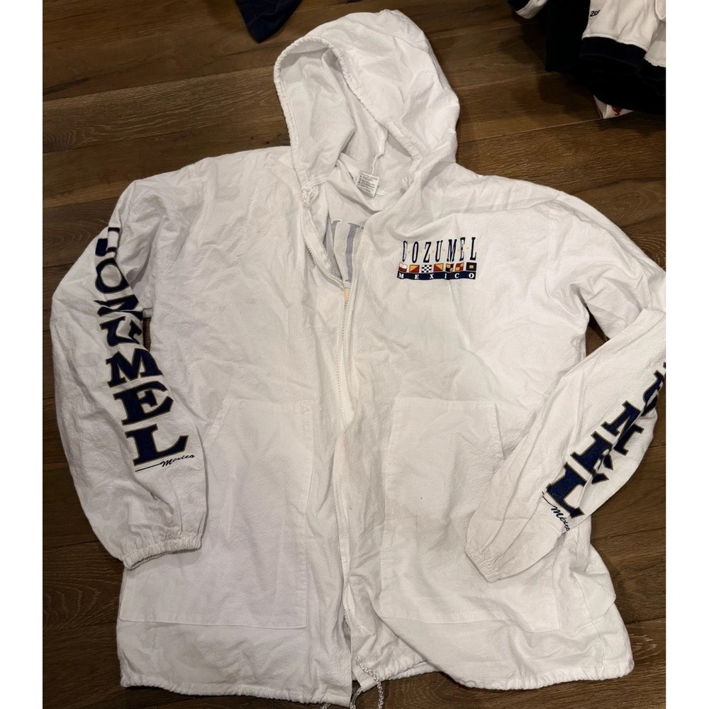 Vintage Cozumel White Full Zip Jacket Hooded Lightweight 100% Cotton Large